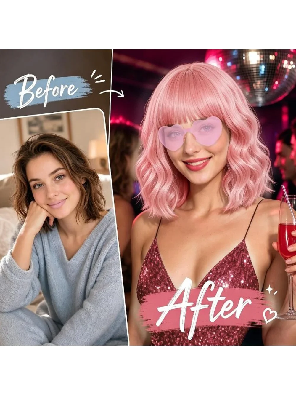 Women's Bright Pink Curly Bob Synthetic Wigs Bangs With Neon Heart Sunglasses
